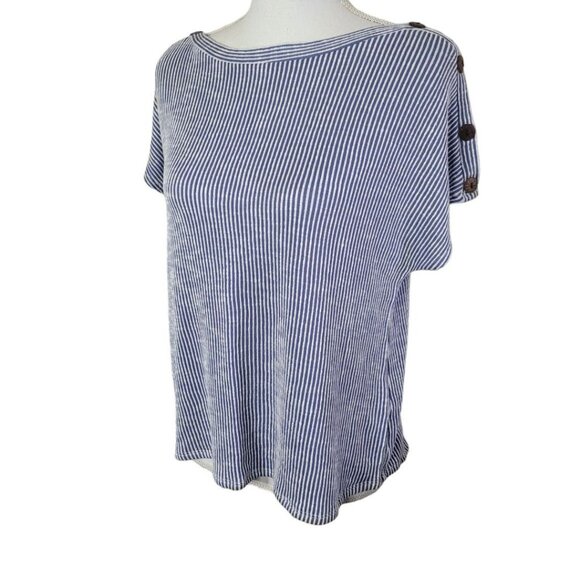 W5 Blouse Button Short Sleeve Striped Vertical Blue White Womens Medium - Picture 3 of 13